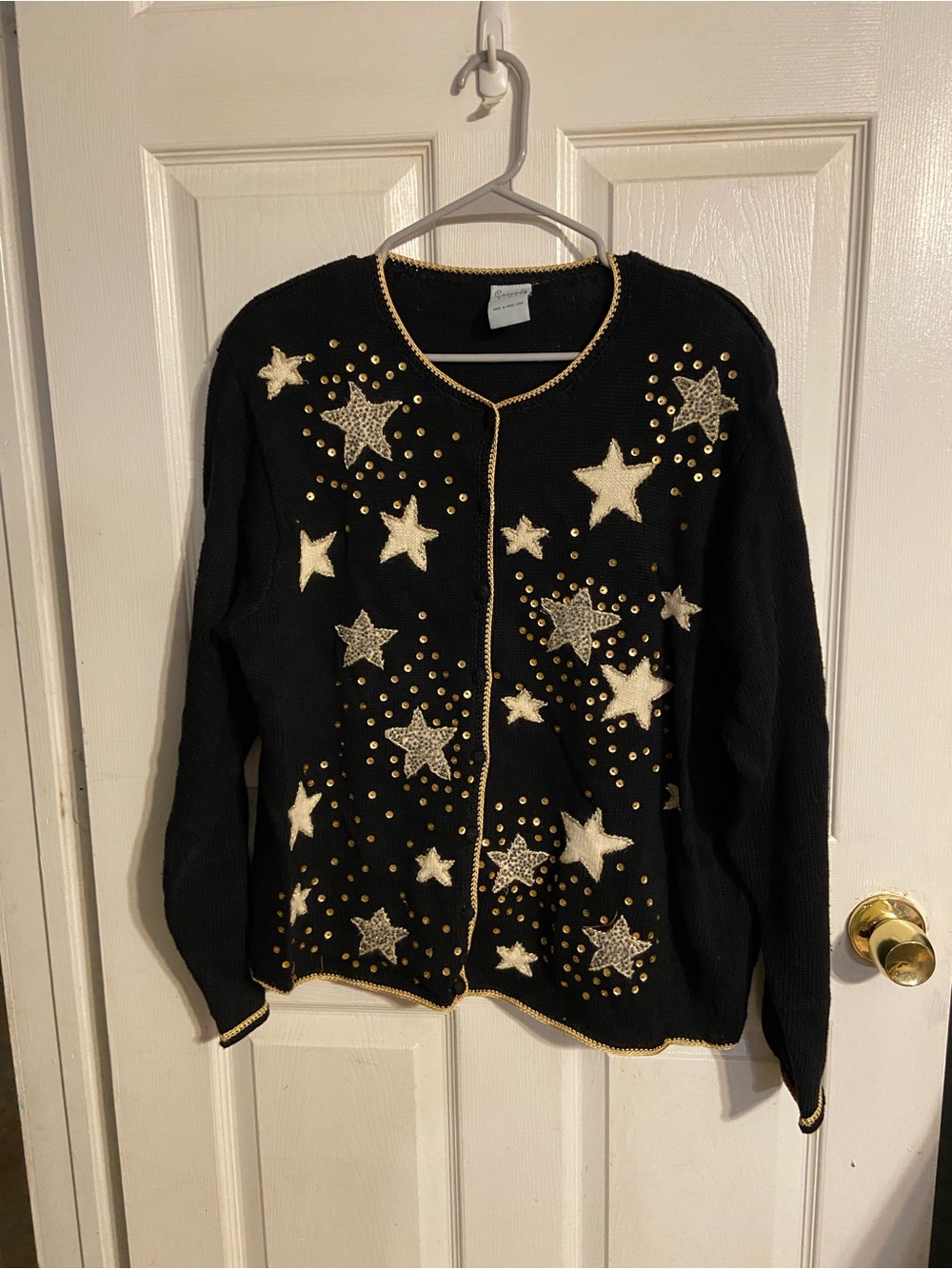 Beautiful Vintage Cascade Blues Starlight Knit Sweater! Gold,Silver, White Stars